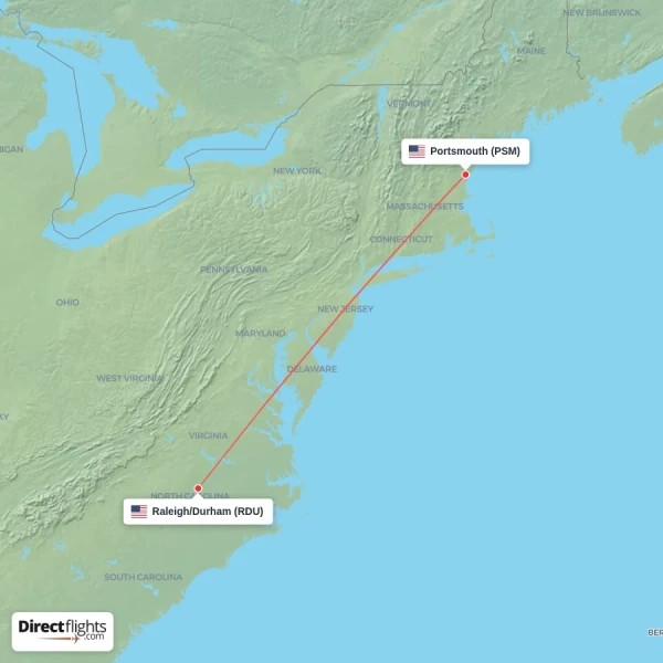 Raleigh/Durham - Portsmouth direct flight map