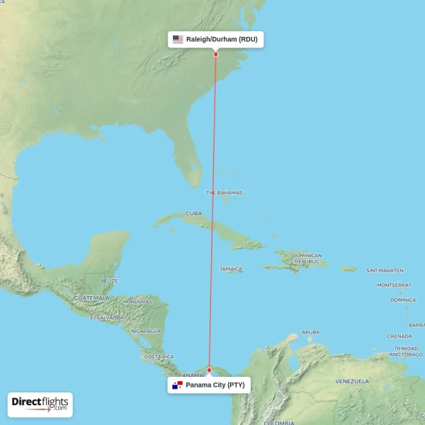 Raleigh/Durham - Panama City direct flight map