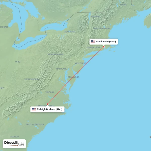 Raleigh/Durham - Providence direct flight map