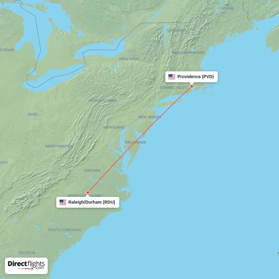 RDU - PVD route map