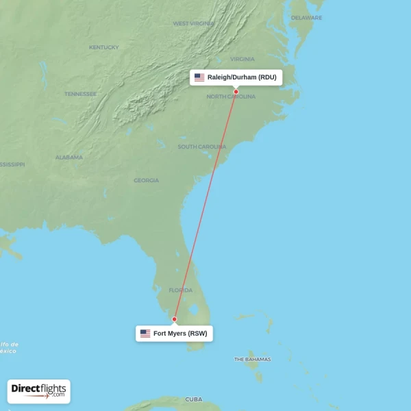Raleigh/Durham - Fort Myers direct flight map
