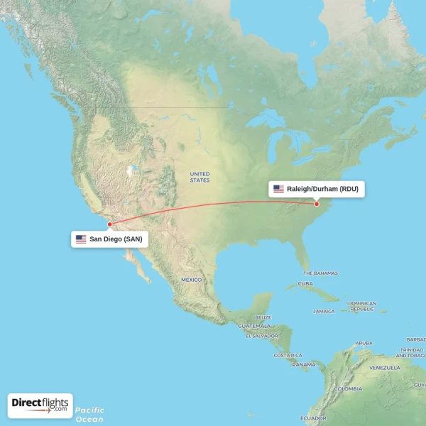 Raleigh/Durham - San Diego direct flight map