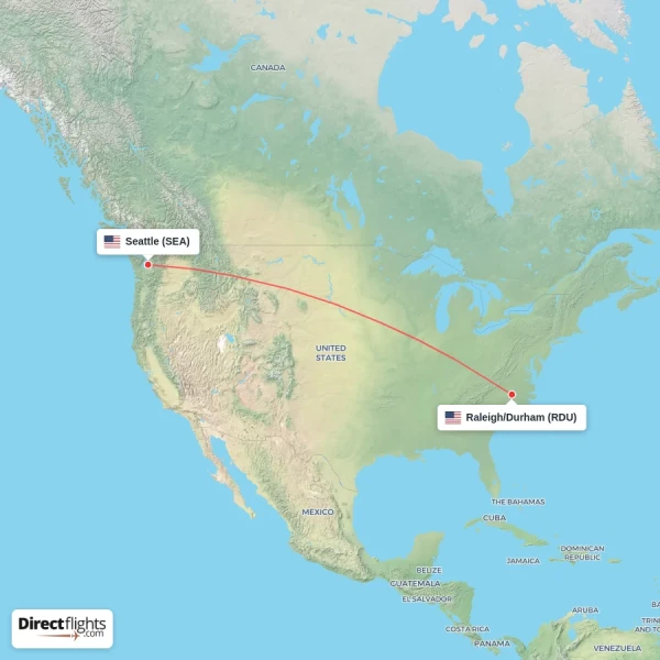 Raleigh/Durham - Seattle direct flight map