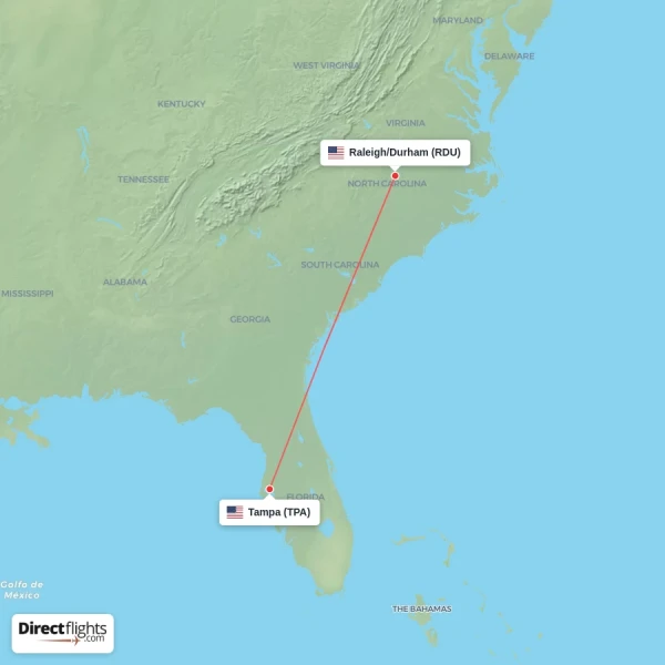 Raleigh/Durham - Tampa direct flight map