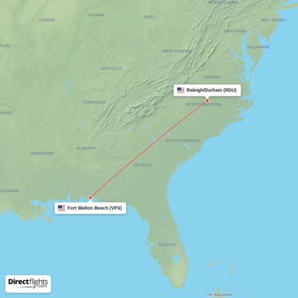 Raleigh/Durham - Fort Walton Beach direct flight map