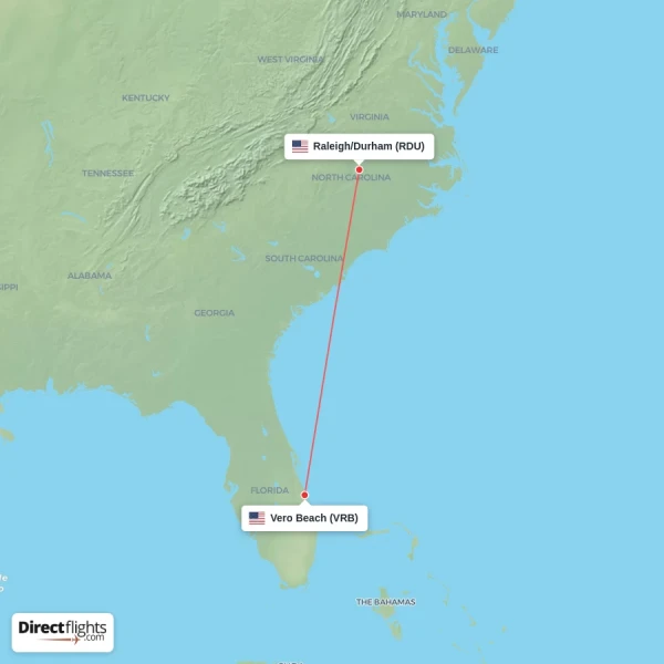 Raleigh/Durham - Vero Beach direct flight map