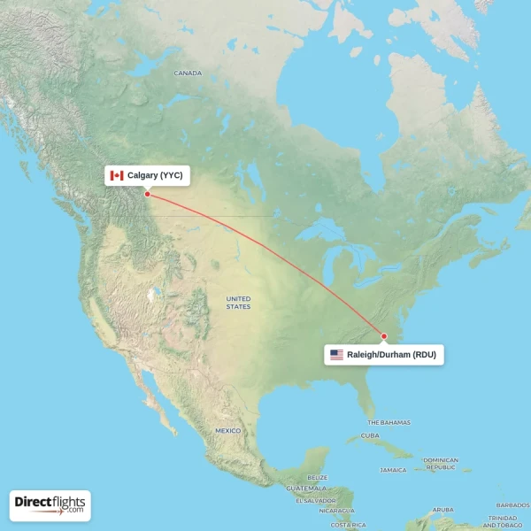 Raleigh/Durham - Calgary direct flight map