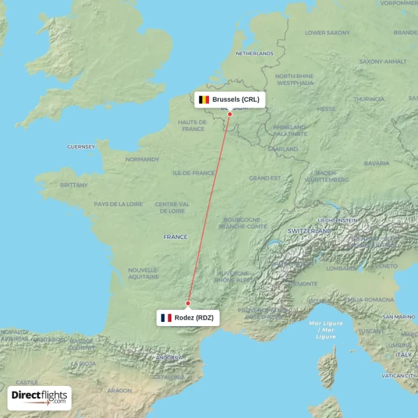 Rodez - Brussels direct flight map