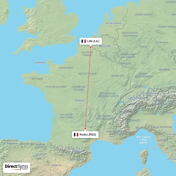 Rodez - Lille direct flight map
