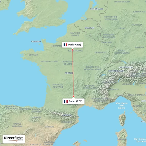 Rodez - Paris direct flight map