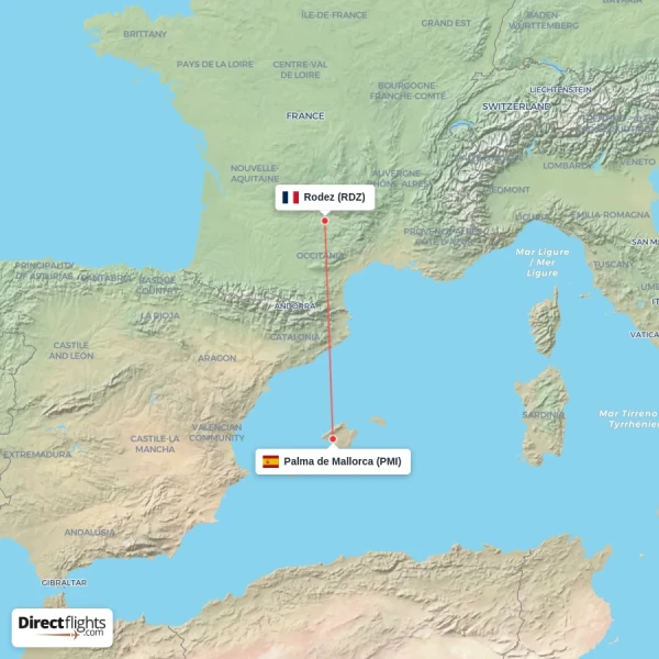 Rodez - Palma de Mallorca direct flight map