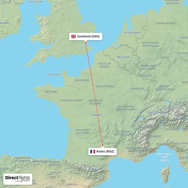 Rodez - Southend direct flight map