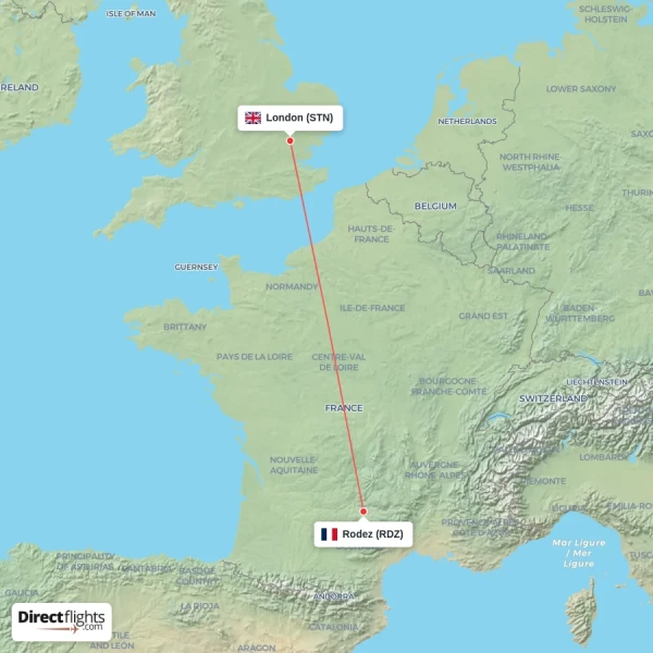 Rodez - London direct flight map