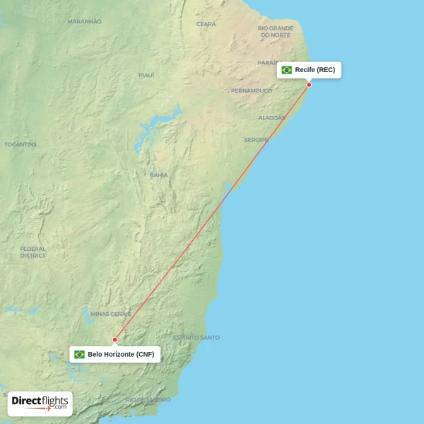 Recife - Belo Horizonte direct flight map