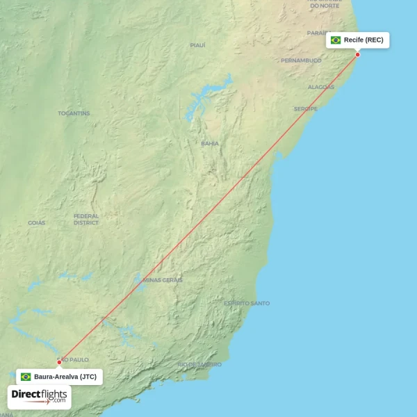 Recife - Baura-Arealva direct flight map