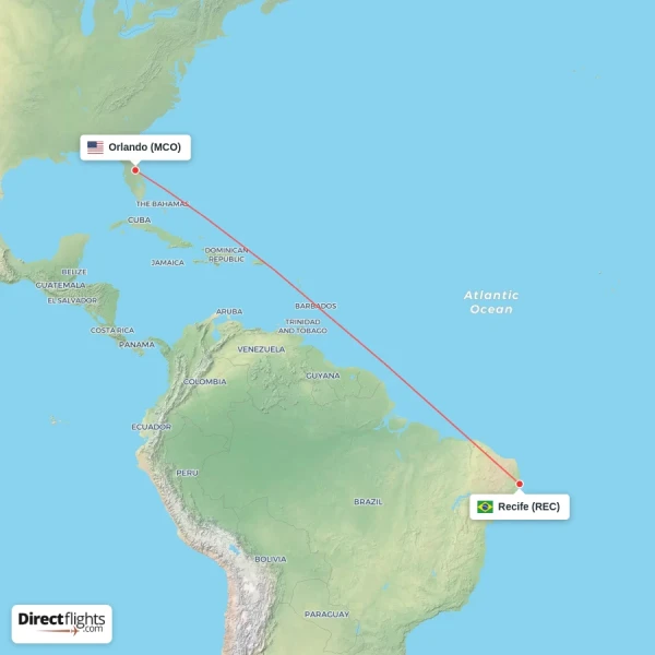 Recife - Orlando direct flight map