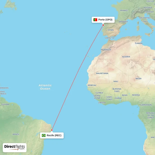 Recife - Porto direct flight map