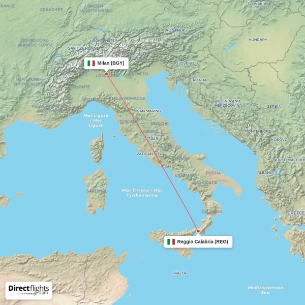 Reggio Calabria - Milan direct flight map
