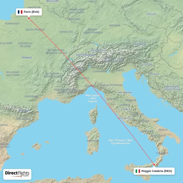 Reggio Calabria - Paris direct flight map