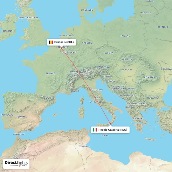 Reggio Calabria - Brussels direct flight map