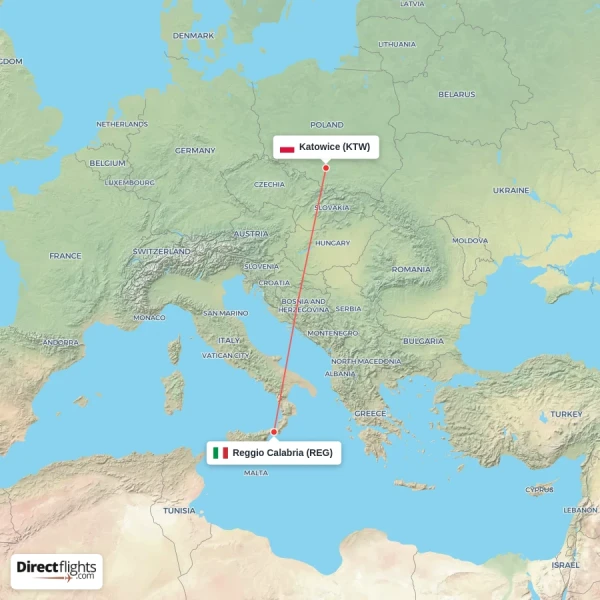 Reggio Calabria - Katowice direct flight map