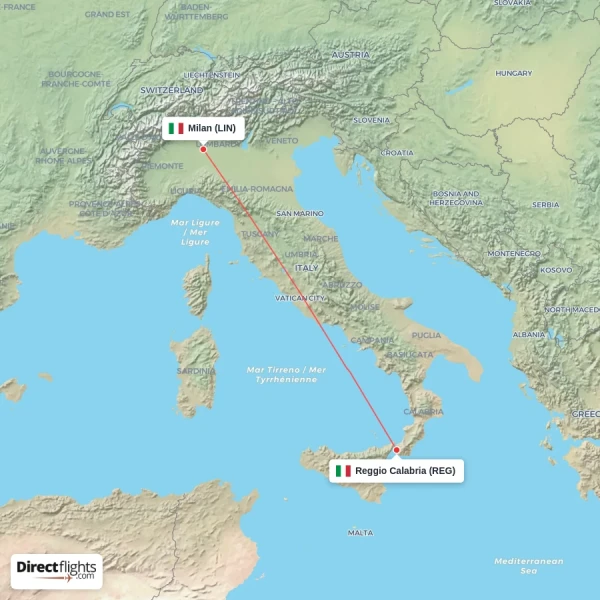 Reggio Calabria - Milan direct flight map