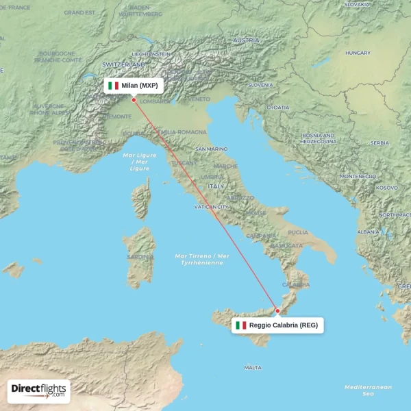 Reggio Calabria - Milan direct flight map