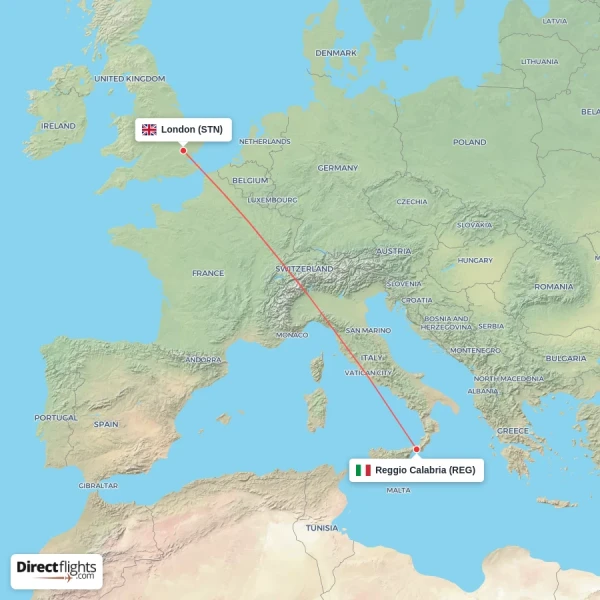 Reggio Calabria - London direct flight map