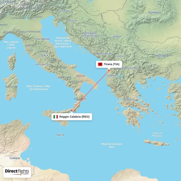 Reggio Calabria - Tirana direct flight map
