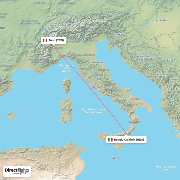 Reggio Calabria - Turin direct flight map