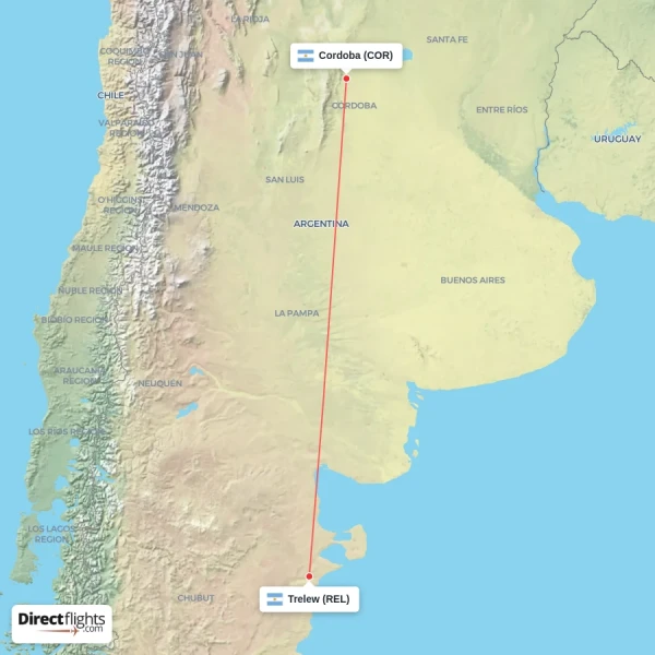 Trelew - Cordoba direct flight map