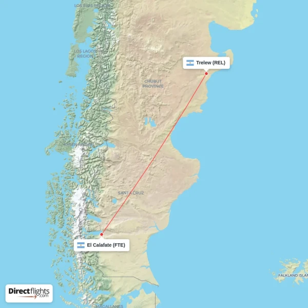 Trelew - El Calafate direct flight map