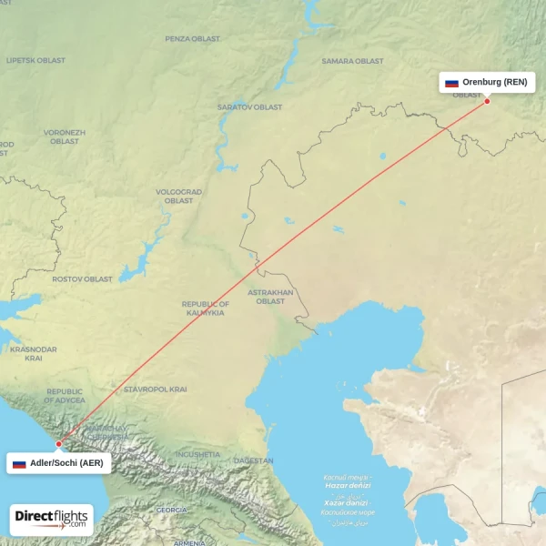 Orenburg - Adler/Sochi direct flight map