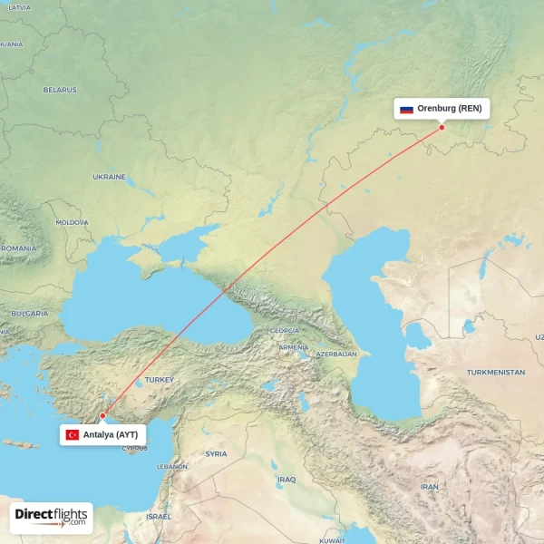 Orenburg - Antalya direct flight map