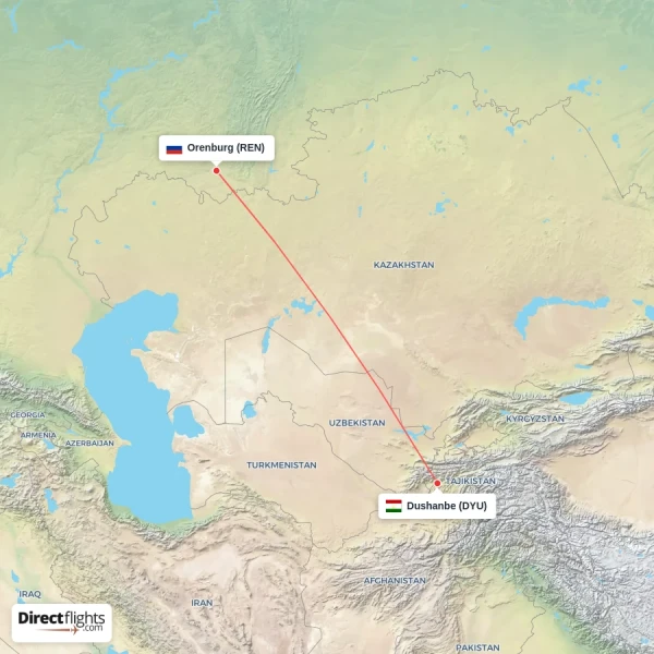 Orenburg - Dushanbe direct flight map