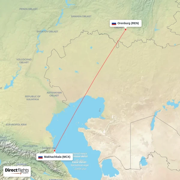 Orenburg - Makhachkala direct flight map