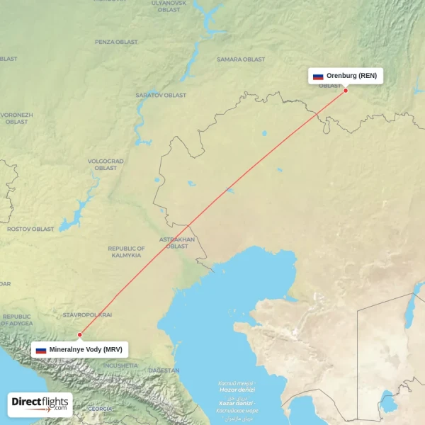 Orenburg - Mineralnye Vody direct flight map