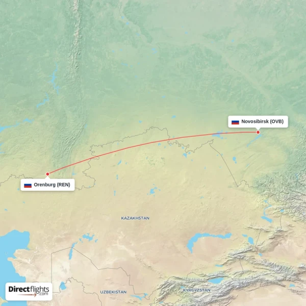 Orenburg - Novosibirsk direct flight map