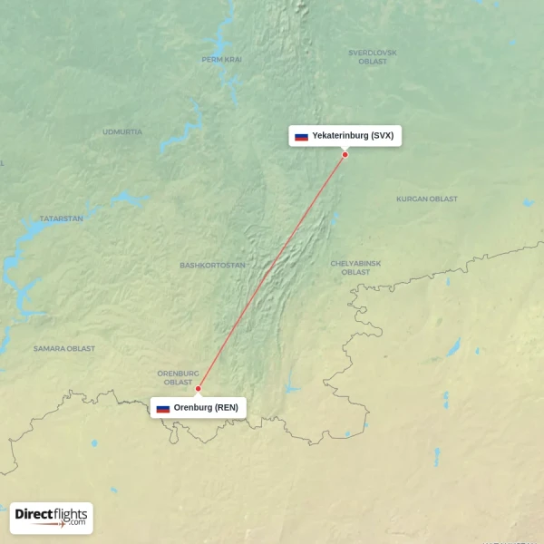 Orenburg - Yekaterinburg direct flight map