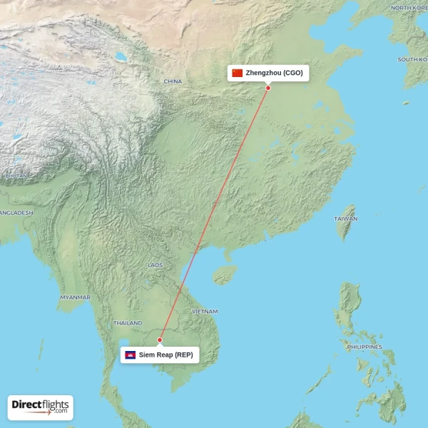 Siem Reap - Zhengzhou direct flight map