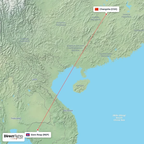 Siem Reap - Changsha direct flight map