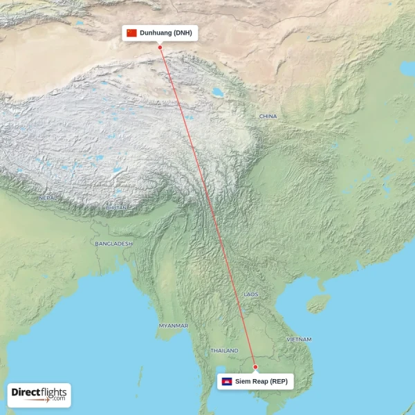 Siem Reap - Dunhuang direct flight map