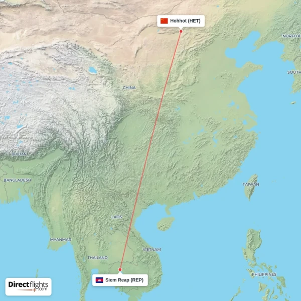 Siem Reap - Hohhot direct flight map