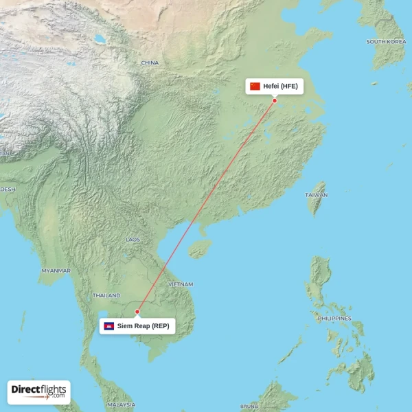 Siem Reap - Hefei direct flight map