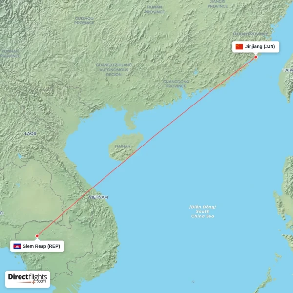 Siem Reap - Jinjiang direct flight map