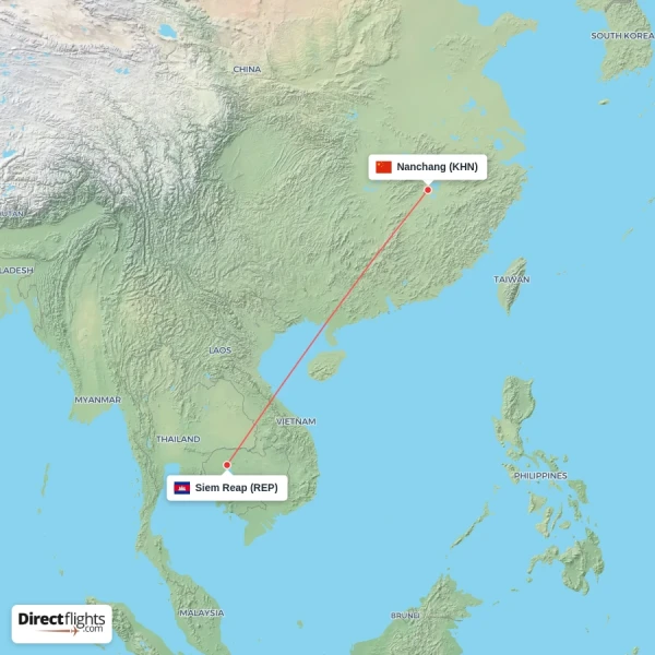 Siem Reap - Nanchang direct flight map