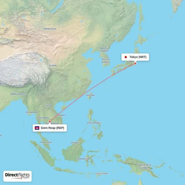 Siem Reap - Tokyo direct flight map