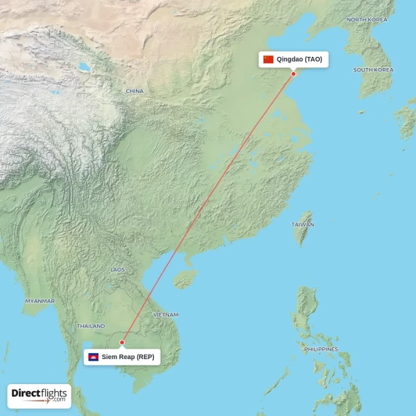 Siem Reap - Qingdao direct flight map