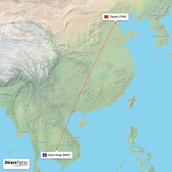 Siem Reap - Tianjin direct flight map