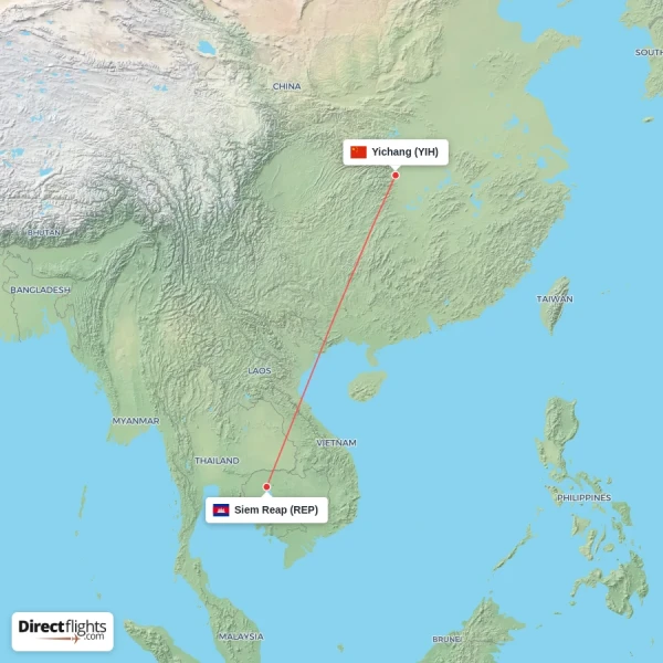 Siem Reap - Yichang direct flight map